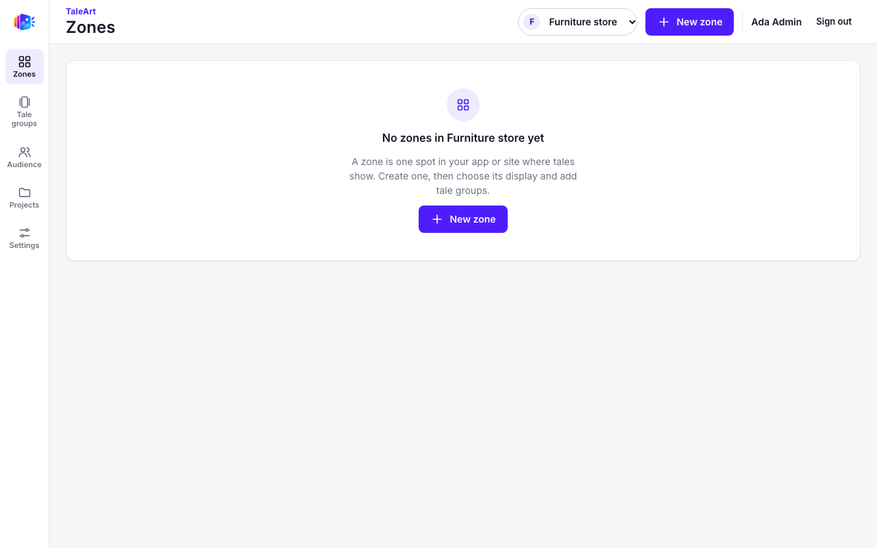 Dashboard after setup, no zones yet