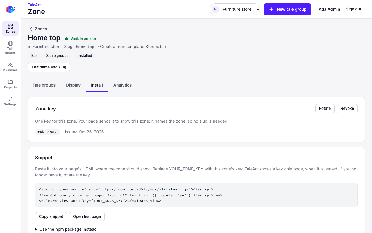 The zone's Install tab in the dashboard, with its zone key issued: the Zone key card shows the key's first characters and the Rotate and Revoke buttons, and the snippet below it has the script tag, where your own API address appears here.