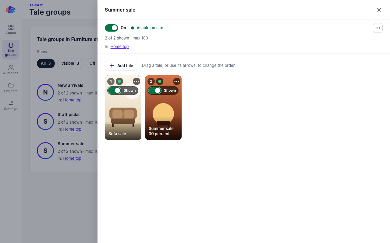 Tale group page with its tales and Add tale