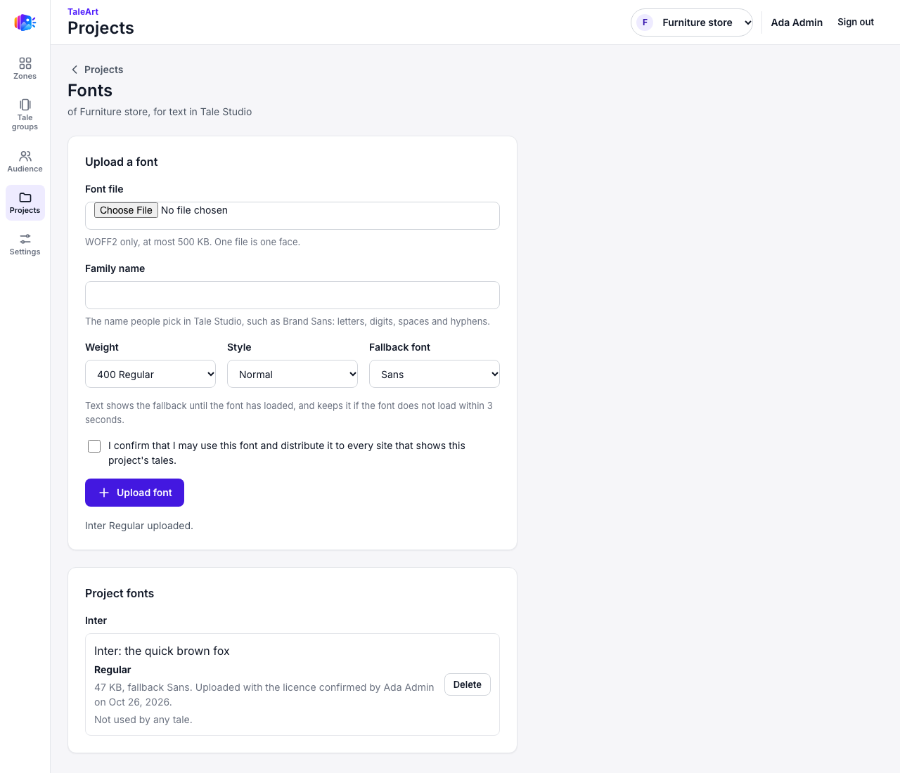 Fonts page with the Inter font uploaded