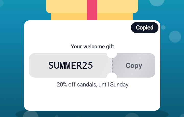 A close-up of the promo code card on Android just after Copy: the card's top, the ticket with the code SUMMER25 and the Copy stub, and a dark Copied toast over the card's top corner.