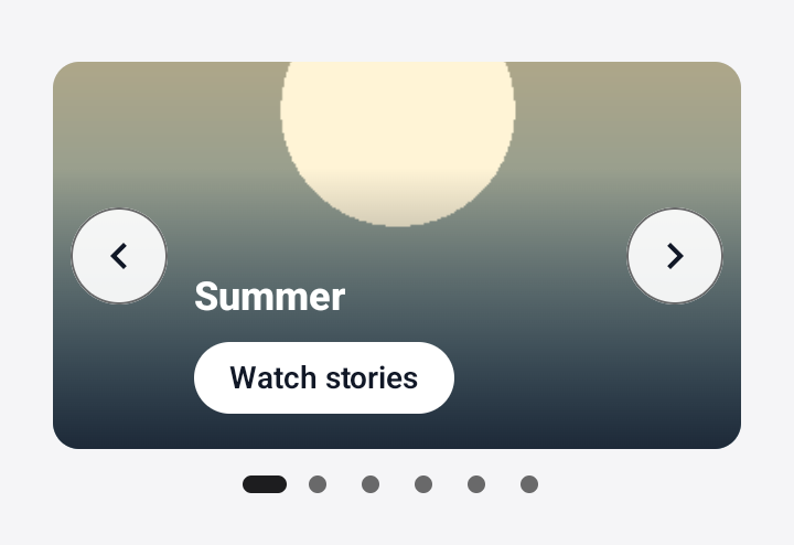 Screenshot of the TaleArt sample app on Android with a banner in the carousel variant: the group name Summer and a Watch stories button over the cover, previous and next arrows at the edges, and a row of dots below.