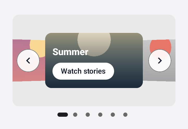 Screenshot of the TaleArt sample app on Android with a banner in the coverflow variant: the front card with the name Summer and a Watch stories button, and the covers of the neighbouring groups behind it at both sides.