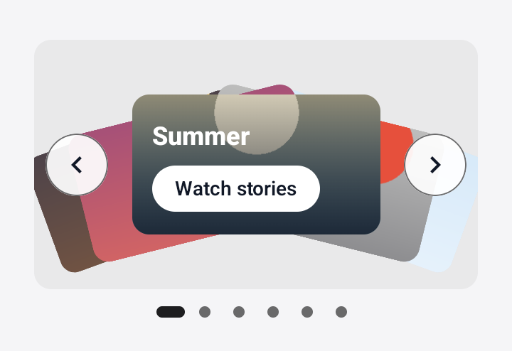 Screenshot of the TaleArt sample app on Android with a banner in the deck variant: the front card with the name Summer and a Watch stories button, and a fan of cards behind it.