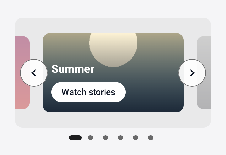 Screenshot of the TaleArt sample app on Android with a banner in the peek variant: the middle card with the name Summer and a Watch stories button, and the neighbours cut off at the left and right edges.