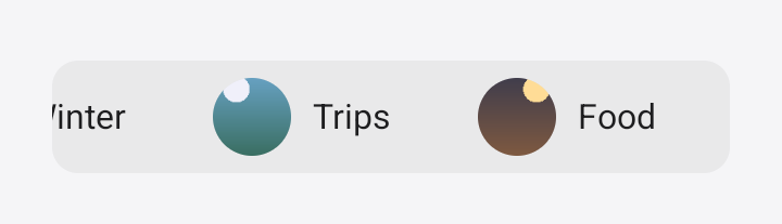 Screenshot of the TaleArt sample app on Android with a banner in the strip variant: group names and round covers (Winter, Trips, Food) running across a soft grey strip, the first cut off at the left edge.