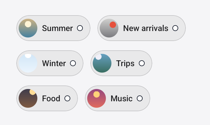 Screenshot of the TaleArt sample app on Android with the bar in the chip layout: six pills, each with a round cover, the group name (Summer, New arrivals, Winter, Trips, Food, Music) and a small ring for a group not yet seen, two pills to a row on this narrow screen.