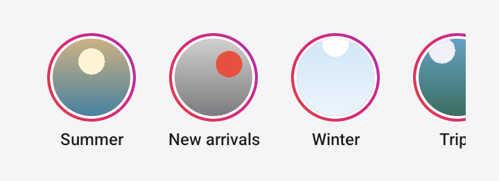Screenshot of the TaleArt sample app on Android with the bar in the ring layout: round covers in gradient rings with the group names Summer, New arrivals and Winter under them, and a fourth cover cut off at the edge.