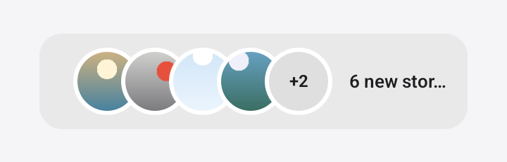Screenshot of the TaleArt sample app on Android with the bar in the stack layout: one rounded pill holding four overlapping round covers and a +2 bubble for the other groups, with the line '6 new stories' beside them.