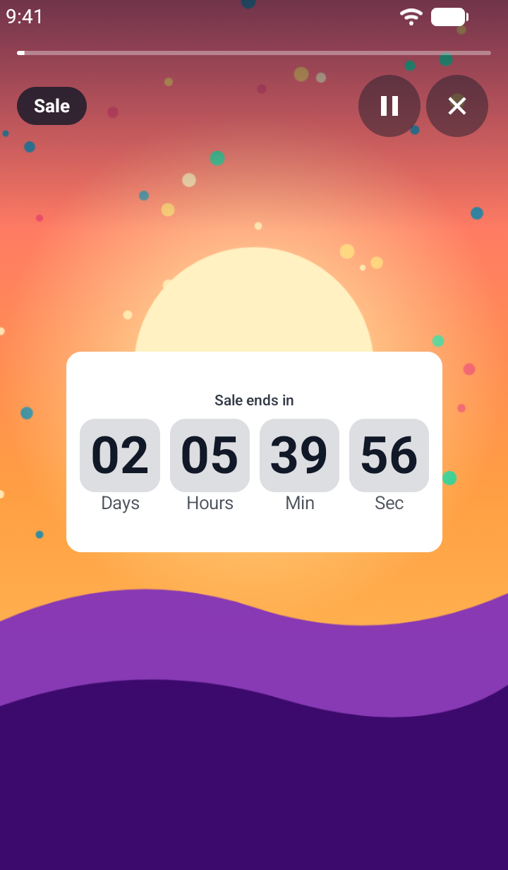 Screenshot of a TaleArt sample countdown on Android over a sunset picture: a white card reading 'Sale ends in' with 02 Days, 05 Hours, 39 Min and a seconds figure in large digits, each in a grey tile with its unit below.