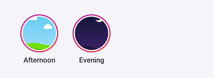 Screenshot of the same TaleArt sample app on Android after the group Morning was viewed once and the app opened again: the zone bar shows only two covers, Afternoon and Evening, and the first group is gone.