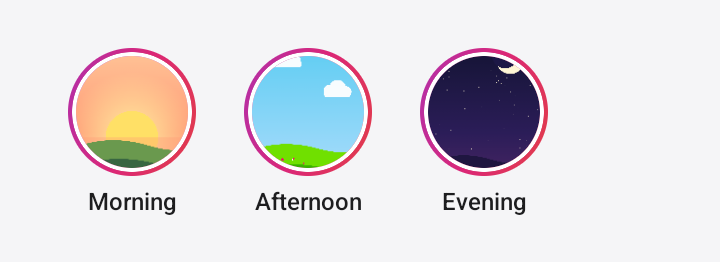 Screenshot of the TaleArt sample app on Android with a frequency cap of once, before any view: the zone bar shows three round covers in gradient rings, labelled Morning, Afternoon and Evening.