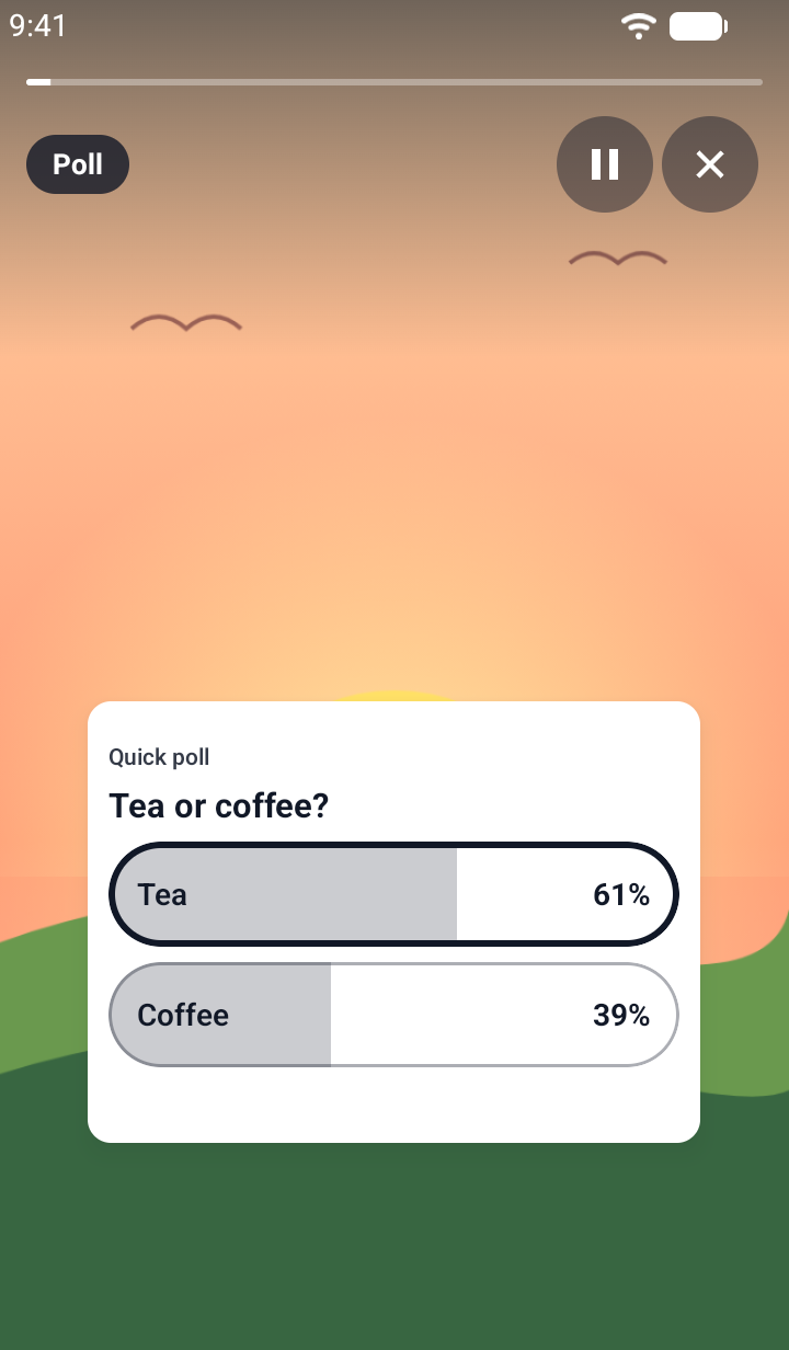 The same poll on Android after a vote for Tea: Tea is selected and shows 61 percent, Coffee shows 39 percent, each with a bar filled to its share.