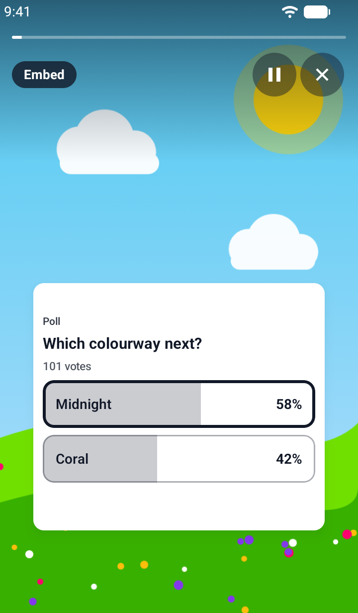 The embed view on Android after a vote for Midnight: the header reads '101 votes', the rows show Midnight at 58 percent, selected, and Coral at 42 percent, each with a bar filled to its share.