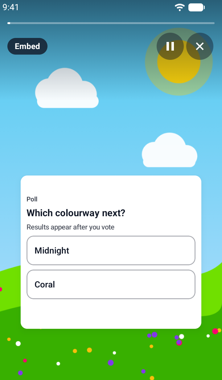 Screenshot of the embed poll view on Android: a card with the title Poll, the question 'Which colourway next?', the line 'Results appear after you vote' and two option rows, Midnight and Coral, before a vote.