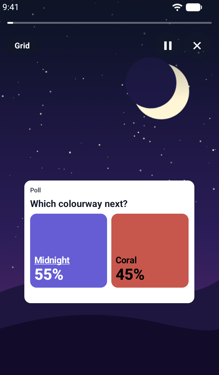 The grid view on Android after a vote for Midnight: each tile shows its share, Midnight at 55 percent and Coral at 45 percent.