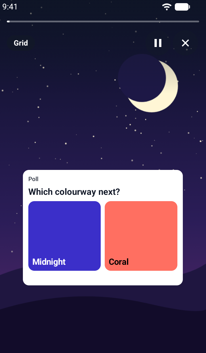Screenshot of the grid poll view on Android: two large tiles side by side under the question, Midnight in blue and Coral in coral, before a vote.