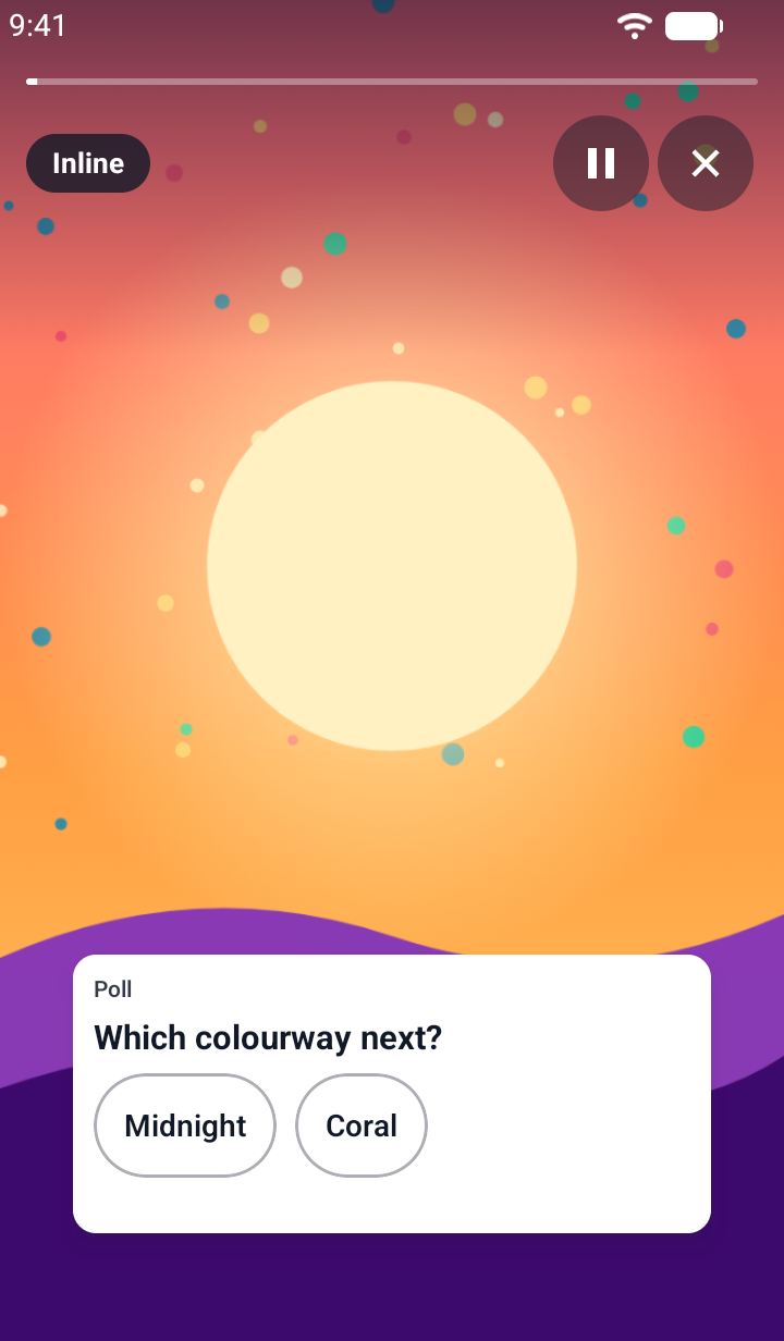 Screenshot of the inline poll view on Android: the question 'Which colourway next?' and two compact pills, Midnight and Coral, in a short card near the foot of the tale, before a vote.
