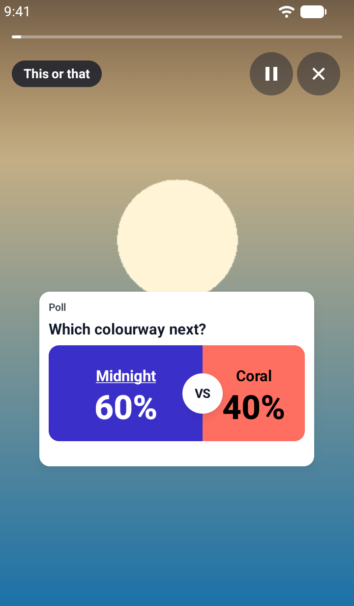 The this-or-that view on Android after a vote for Midnight: the blue half takes 60 percent of the card and the coral half 40 percent, the VS mark sits on the seam.