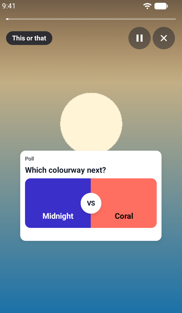 Screenshot of the this-or-that poll view on Android: the question 'Which colourway next?' over two equal halves, a blue half for Midnight and a coral half for Coral, with a VS mark on the seam, before a vote.