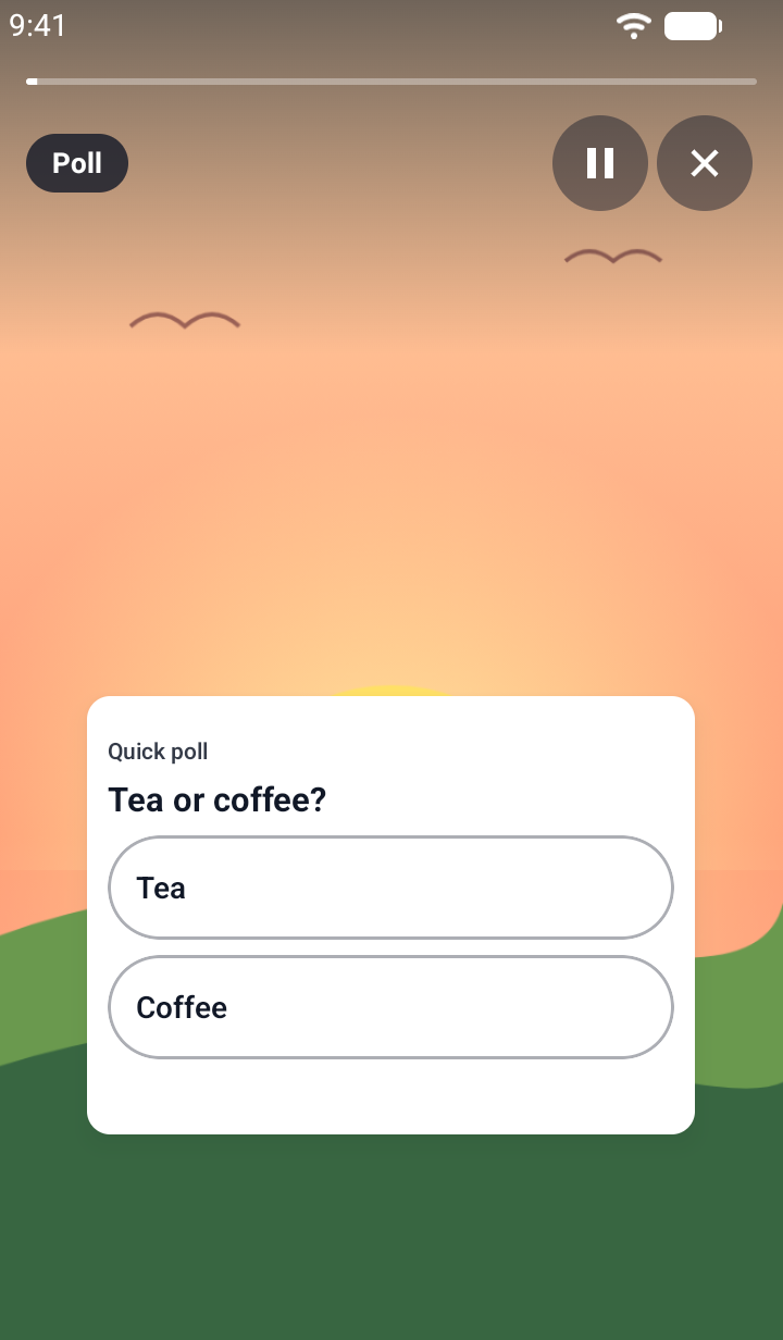 Screenshot of a TaleArt sample poll on Android over a sunrise picture: the title 'Quick poll', the question 'Tea or coffee?' and two answer buttons, Tea and Coffee, before any vote.