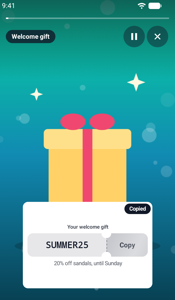 The same promo code card on Android just after Copy was tapped: a dark 'Copied' toast sits over the card's top corner.