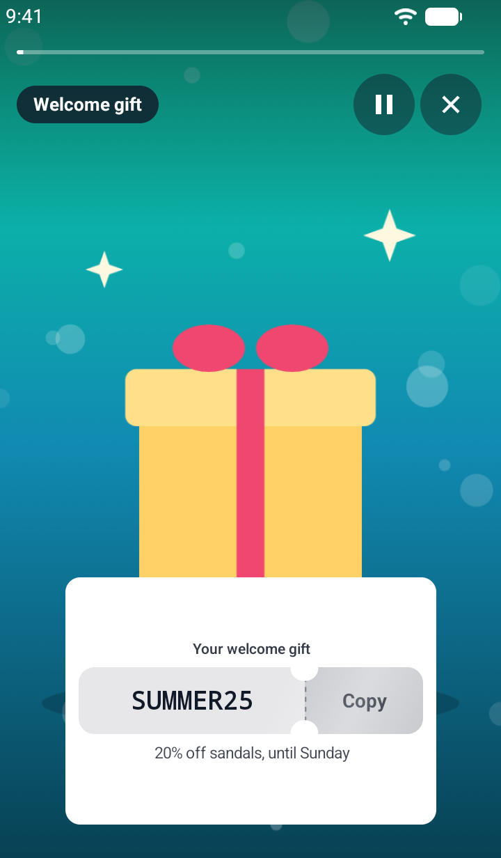 Screenshot of a TaleArt sample promo code on Android over a teal picture of a gift: a white card titled 'Your welcome gift' with a ticket that holds the code SUMMER25 and a Copy stub, and the note '20% off sandals, until Sunday' under it, the ticket centred in the card.