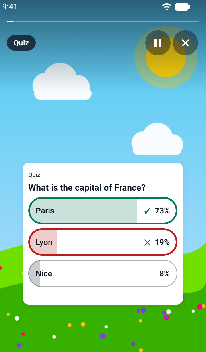 The same quiz on Android after the visitor picked Lyon, a wrong answer: Paris is outlined in green with a tick and 73 percent, Lyon is outlined in red with a cross and 19 percent, Nice shows 8 percent, .