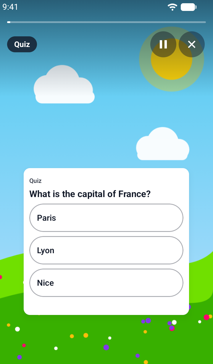 Screenshot of a TaleArt sample quiz on Android over a sky picture with clouds: the title Quiz, the question 'What is the capital of France?' and three answer buttons, Paris, Lyon and Nice, before an answer.