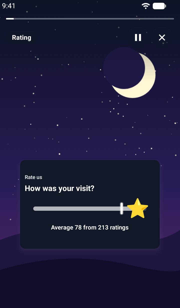 The same rating on Android after the visitor tapped near 90: the star thumb sits near 90 percent of the track, a small mark shows the average at 78 percent, and the line under the track reads 'Average 78 from 213 ratings'.