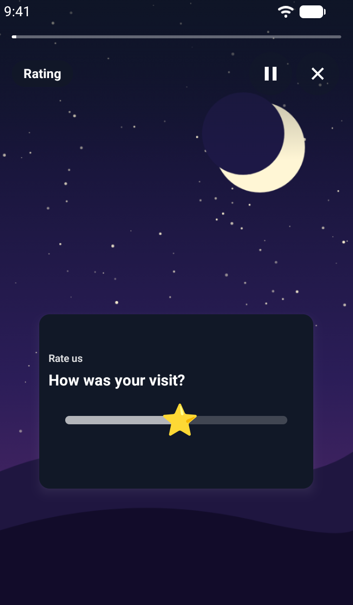 Screenshot of a TaleArt sample rating on Android over a night sky with a moon: a dark card titled 'Rate us' with the question 'How was your visit?' and a slider whose thumb is a star, set to the middle, before a rating.