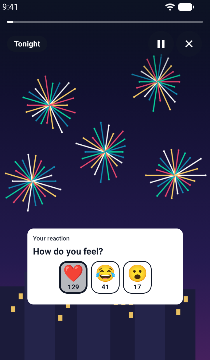 The same reaction row on Android after a tap on the heart: the heart button is outlined as selected and shows a count of 129, and the laughing and surprised faces show 41 and 17.