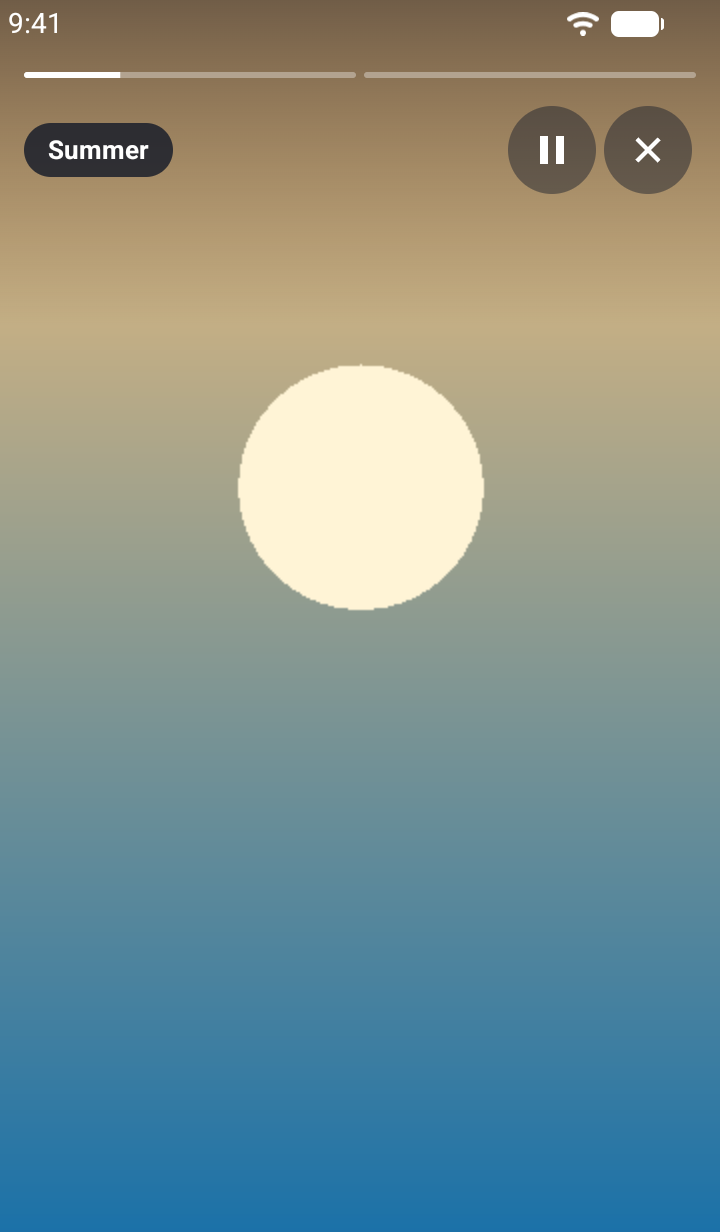 Screenshot of the TaleArt sample app's viewer on Android, open on the group Summer: a pale sun over a gradient of sand and sea, the group name in a dark chip at the top left, the pause and close buttons at the top right and two progress bars along the top.
