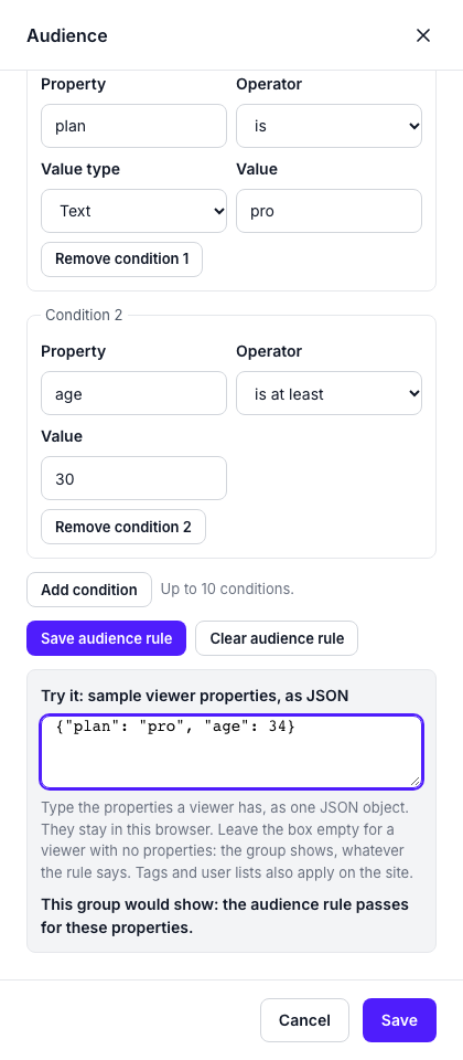 The Audience drawer of the group Pro members: the rule's second condition, age is at least 30, and the Try it box with a sample viewer whose plan is pro and whose age is 34, with the result that the group would show.