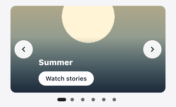 Screenshot of the TaleArt sample app on iOS with a banner in the carousel variant: the group name Summer and a Watch stories button over the cover on a dark scrim, previous and next arrows at the edges, and a row of six dots below.