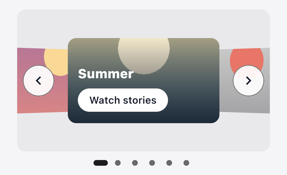 Screenshot of the TaleArt sample app on iOS with a banner in the coverflow variant: the front card with the name Summer and a Watch stories button, the covers of the neighbouring groups turned behind it at both sides, previous and next arrows and six dots below.