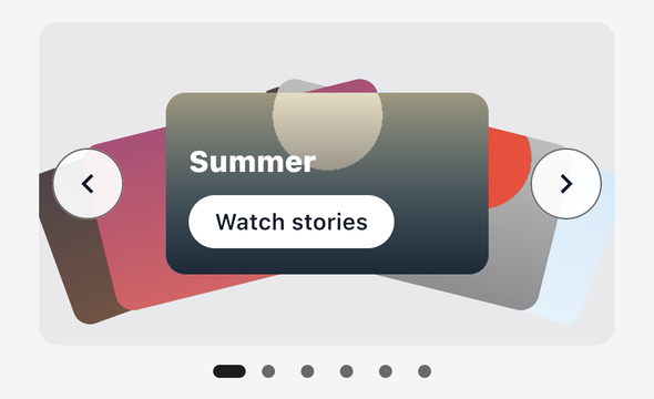 Screenshot of the TaleArt sample app on iOS with a banner in the deck variant: the front card with the name Summer and a Watch stories button, and the other cards fanned out behind it, with arrows and six dots.