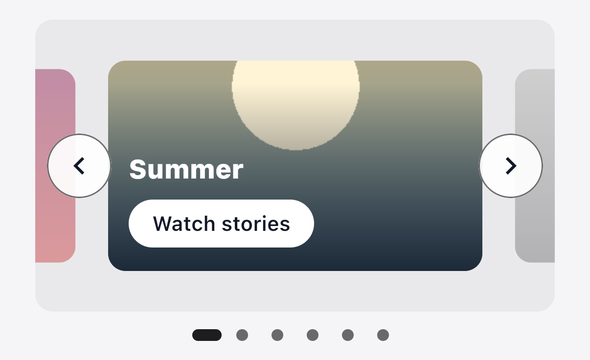Screenshot of the TaleArt sample app on iOS with a banner in the peek variant: the front card with the name Summer and a Watch stories button, and the edges of the neighbouring cards showing at both sides, with arrows and six dots.
