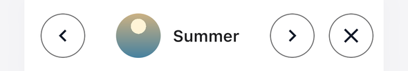 Screenshot of the TaleArt sample app on iOS with a banner in the sticky variant: a full-width bar on a white ground with previous and next buttons, a round cover, the group name Summer and a dismiss cross.