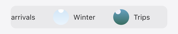 Screenshot of the TaleArt sample app on iOS with a banner in the strip variant: the group names and round covers (New arrivals, Winter, Trips) scrolling across a soft grey strip, the first cut off at the edge.