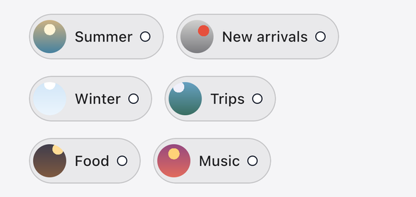 Screenshot of the TaleArt sample app on iOS with the bar in the chip layout: six pills, each with a round cover, the group name (Summer, New arrivals, Winter, Trips, Food, Music) and a small ring for a group not yet seen, two pills to a row.