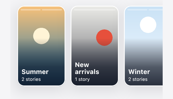 Screenshot of the TaleArt sample app on iOS with the bar in the poster layout: tall cards, each with its group's picture, a white title and a line such as '2 stories' over a dark scrim, a bar for each tale along the top, and the third card cut off at the edge because the row scrolls sideways.