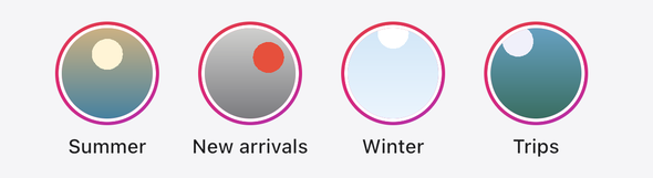 Screenshot of the TaleArt sample app on iOS with the bar in the ring layout: round covers in gradient rings with the group names Summer, New arrivals, Winter and Trips under them.