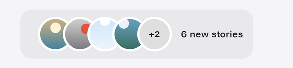 Screenshot of the TaleArt sample app on iOS with the bar in the stack layout: one rounded pill holding four overlapping round covers and a +2 bubble for the other groups, with the line '6 new stories' beside them.