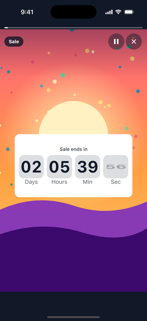 Screenshot of a TaleArt sample countdown on iOS over a sunset picture: a white card reading 'Sale ends in' with 02 Days, 05 Hours, 39 Min and a seconds figure in large digits, each in a grey tile with its unit below.