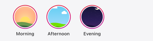 Screenshot of the TaleArt sample app on iOS with a frequency cap of once, before any view: the zone bar shows three round covers in gradient rings, labelled Morning, Afternoon and Evening.
