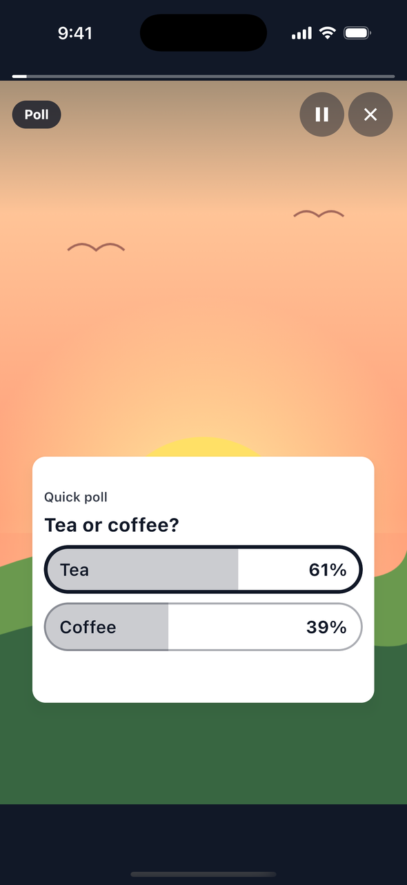 The same poll on iOS after a vote for Tea: Tea is selected and shows 61 percent, Coffee shows 39 percent, each with a bar filled to its share.