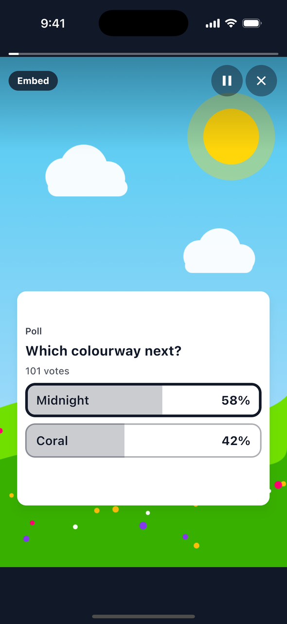 The embed view on iOS after a vote for Midnight: the header reads '101 votes', the rows show Midnight at 58 percent, selected, and Coral at 42 percent, each with a bar filled to its share.