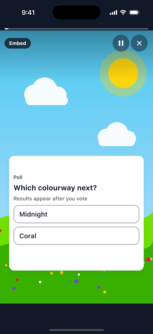 Screenshot of the embed poll view on iOS: a card with the title Poll, the question 'Which colourway next?', the line 'Results appear after you vote' and two option rows, Midnight and Coral, before a vote.