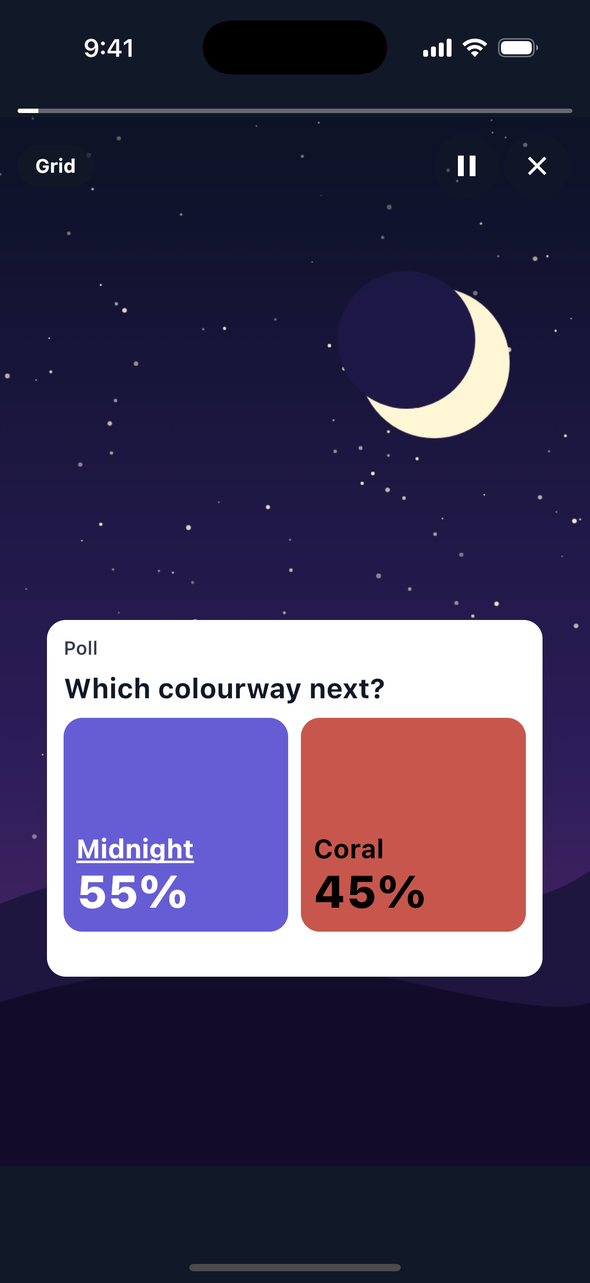 The grid view on iOS after a vote for Midnight: each tile shows its share, Midnight at 55 percent and Coral at 45 percent, and the chosen label is underlined.